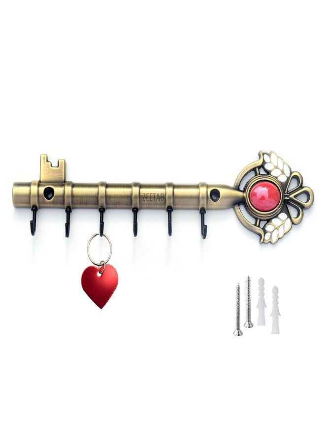 Zeetab Metal Royal Key Holder with Stone, Rajwadi Key Stand Wall Mount Hanger 6 Hook, Home Decor Gift (Antique) - Image 1